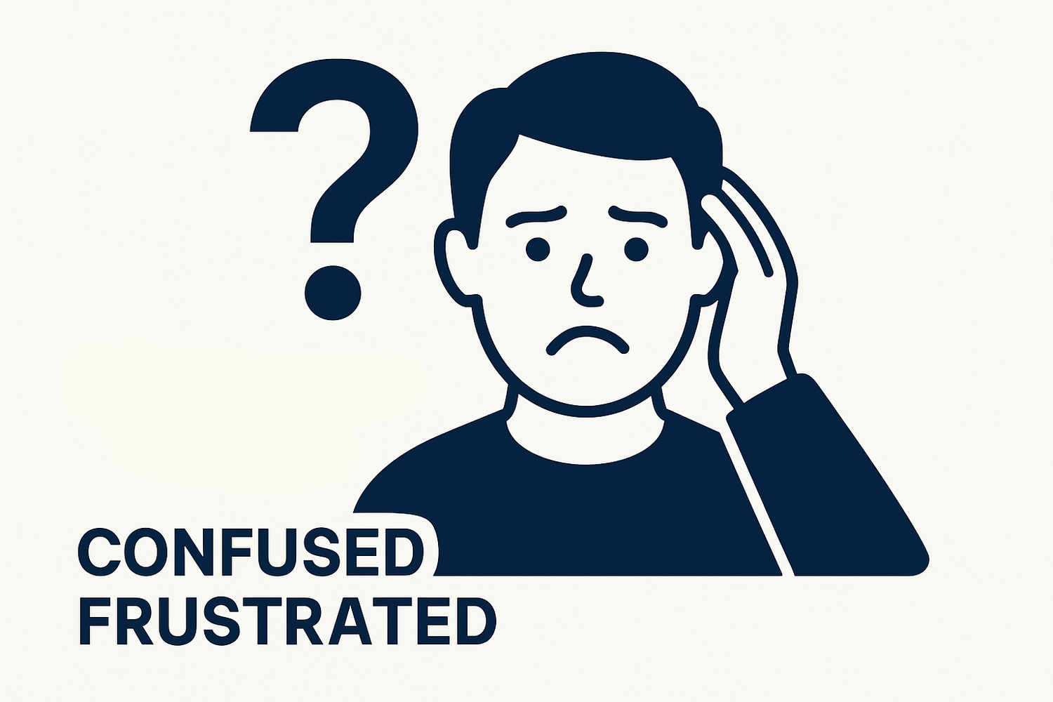 Illustration of a confused person with a question mark and text on a white background