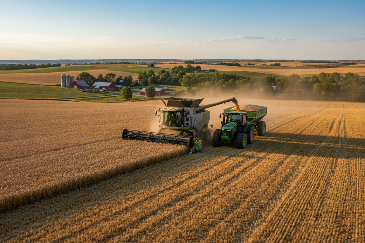 generate an image of farming vehicle in a farm harvesting crops